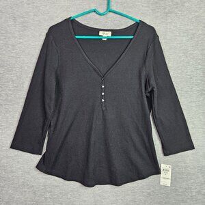 Style & Co Black Waffle Henley Top PL Deep V-Neck 3/4 Sleeves New